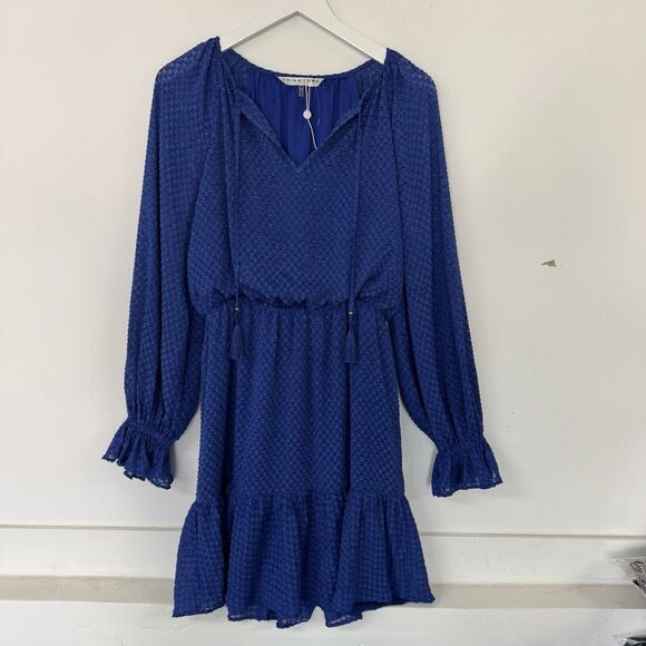 Trina Turk Viti Blue Mini Dress Peasant Boho Tiered Tassel Ruffle Medium New - Picture 2 of 15